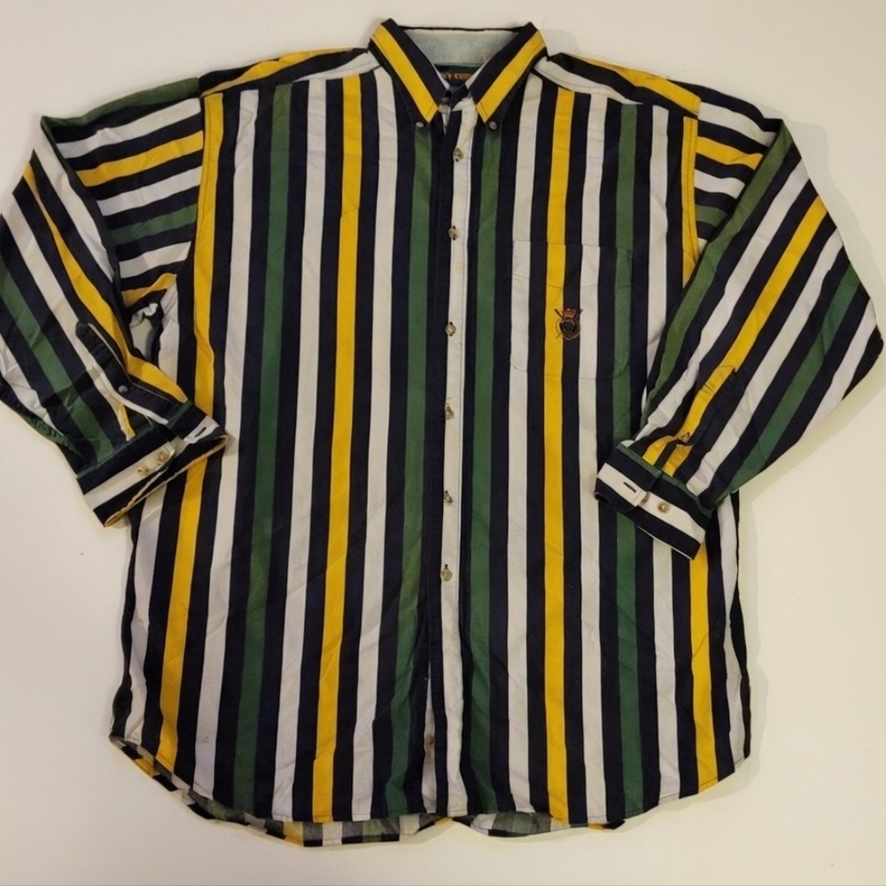Vintage 90's Ivy Crew Button Down Green/Yellow/White Striped Men's XL